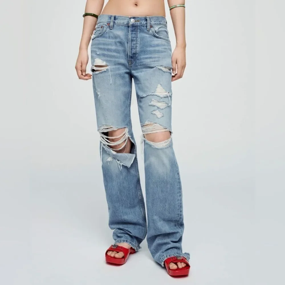 New Re/done Redone Loose Long Jeans 27 Ripped and Faded